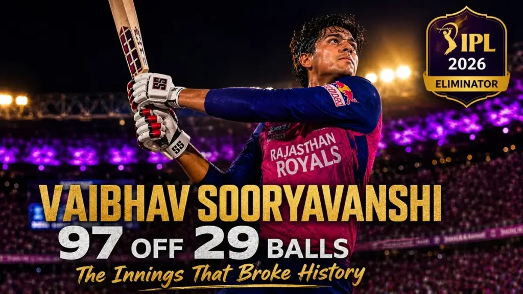 Vaibhav Sooryavanshi batting in IPL 2026 Eliminator against SRH scoring 97 off 29 balls