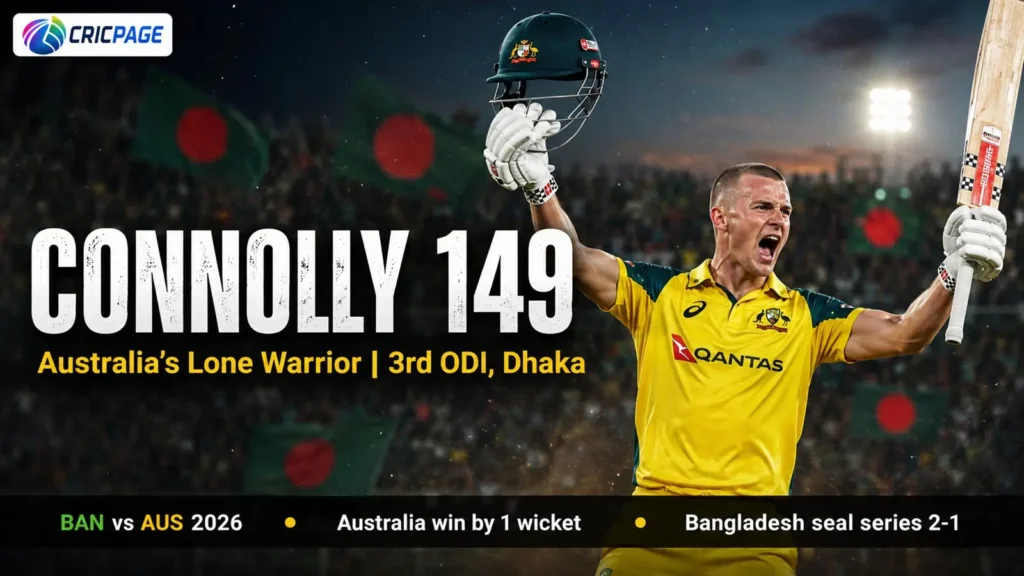 Cooper Connolly celebrates his maiden international century of 149 during the 3rd ODI between Bangladesh and Australia in Dhaka