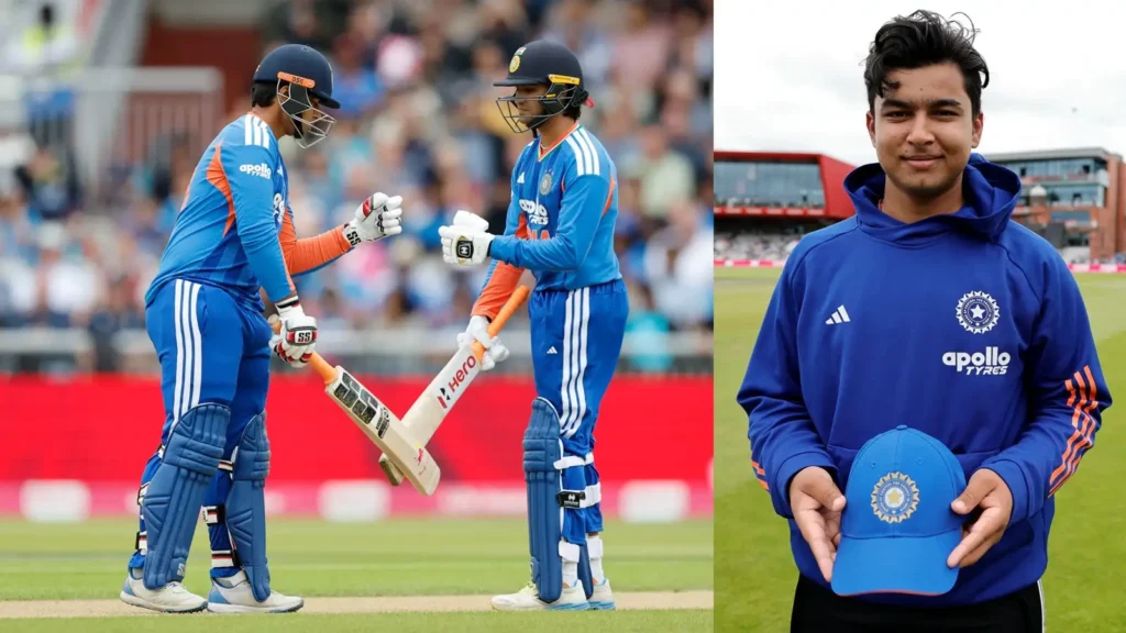 Vaibhav Sooryavanshi fist-bumps Abhishek Sharma and poses with his India debut cap