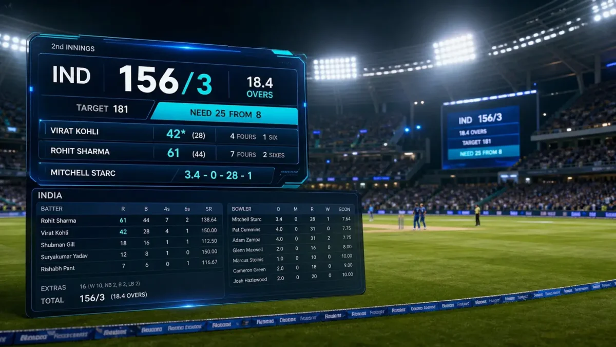 Futuristic cricket scoreboard graphic explaining runs, wickets, overs and scorecard details