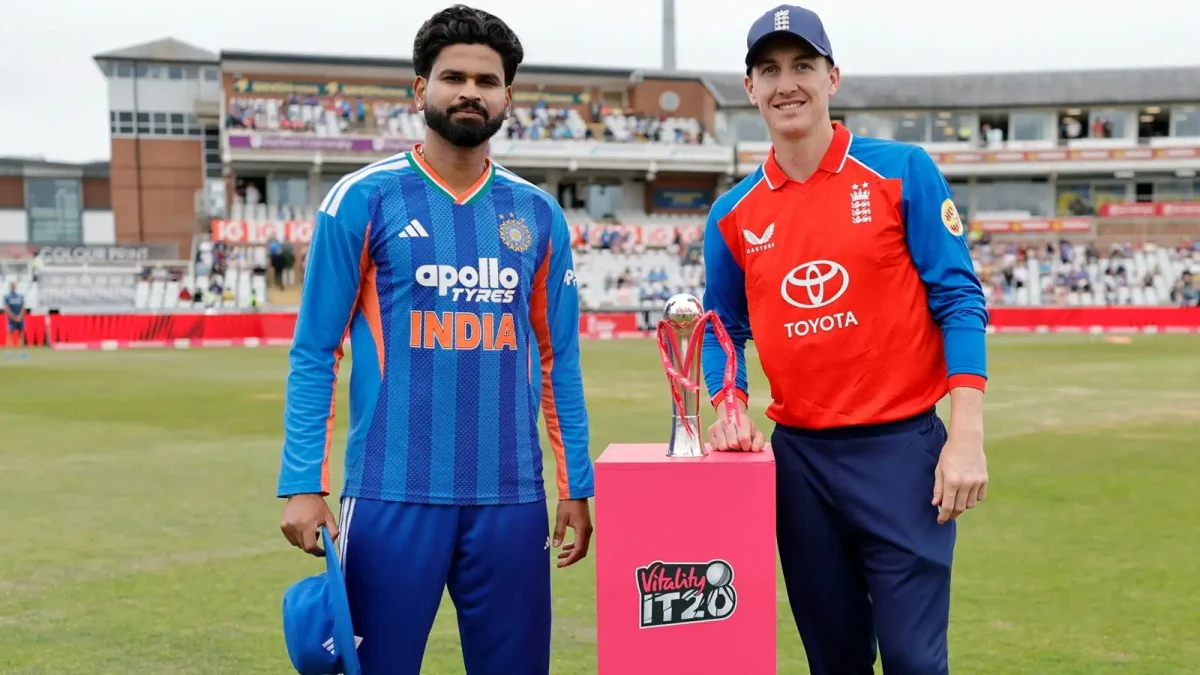 India and England captains pose with the T20I series trophy before the July 2026 series