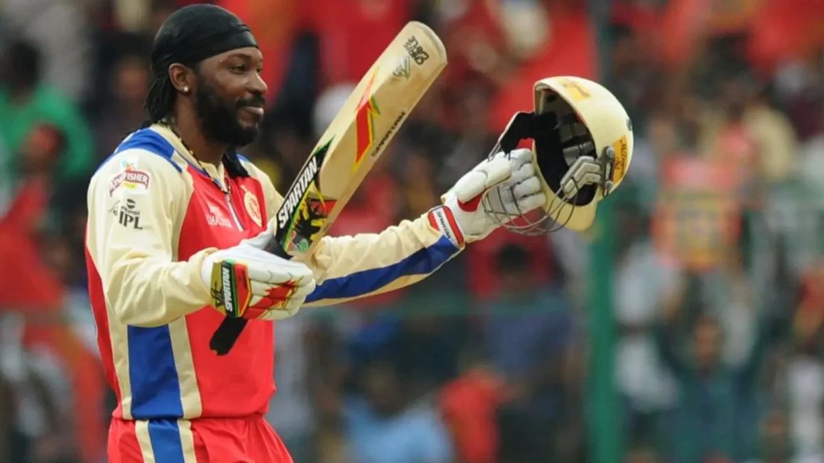 Chris Gayle celebrates his record 175* for Royal Challengers Bangalore