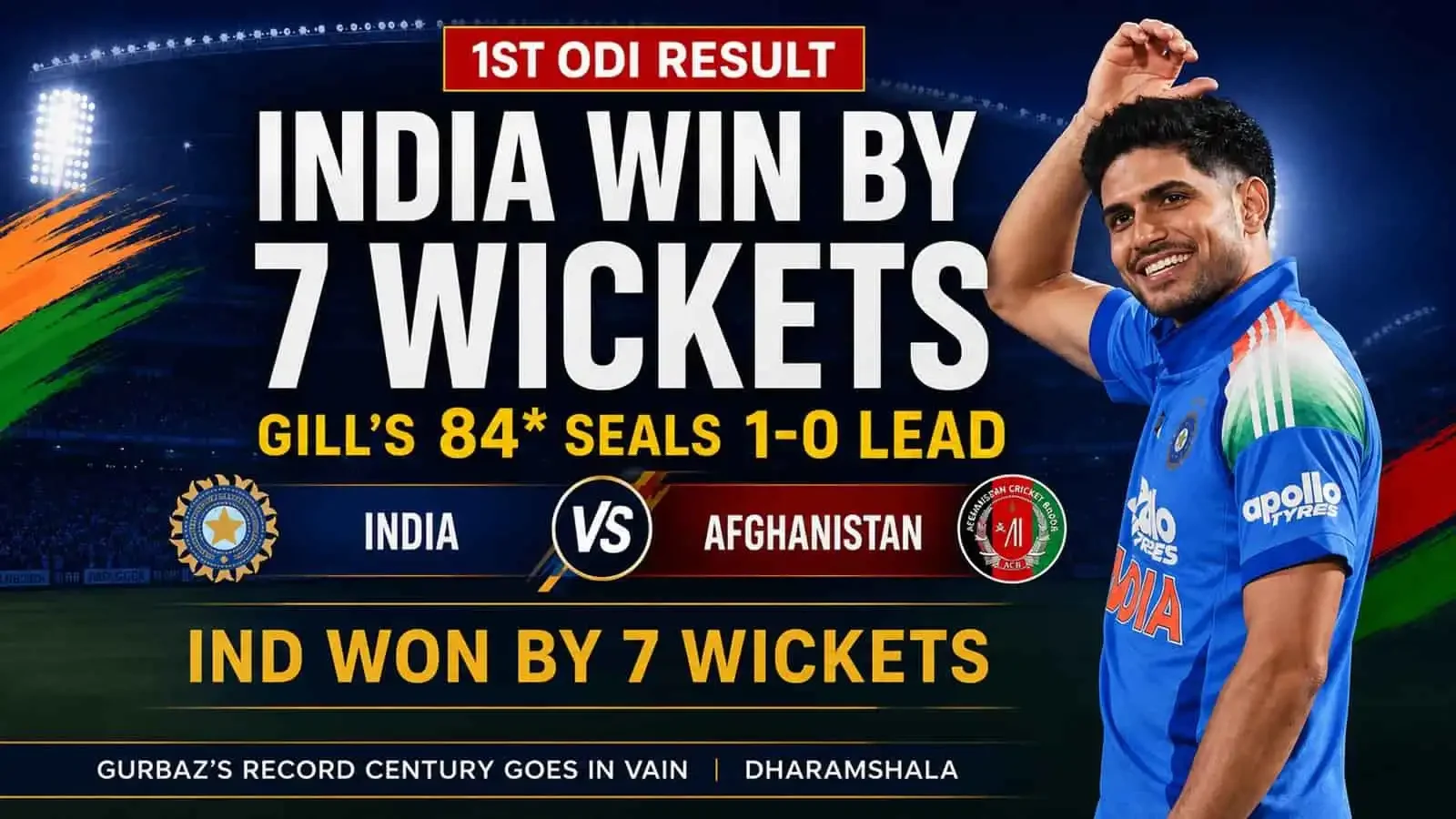 India vs Afghanistan 1st ODI Result Gill 84 Gurbaz Century