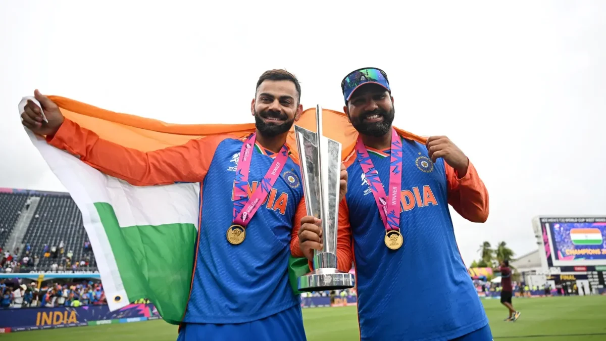 Virat Kohli and Rohit Sharma celebrating with the trophy ahead of the India vs England ODI head-to-head