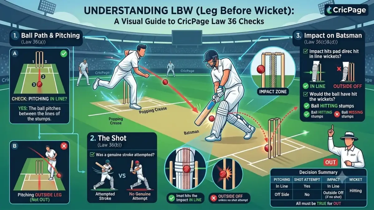 LBW explained with a red ball hitting the batter’s pad in line with the stumps and a blue ball pitching outside leg stump